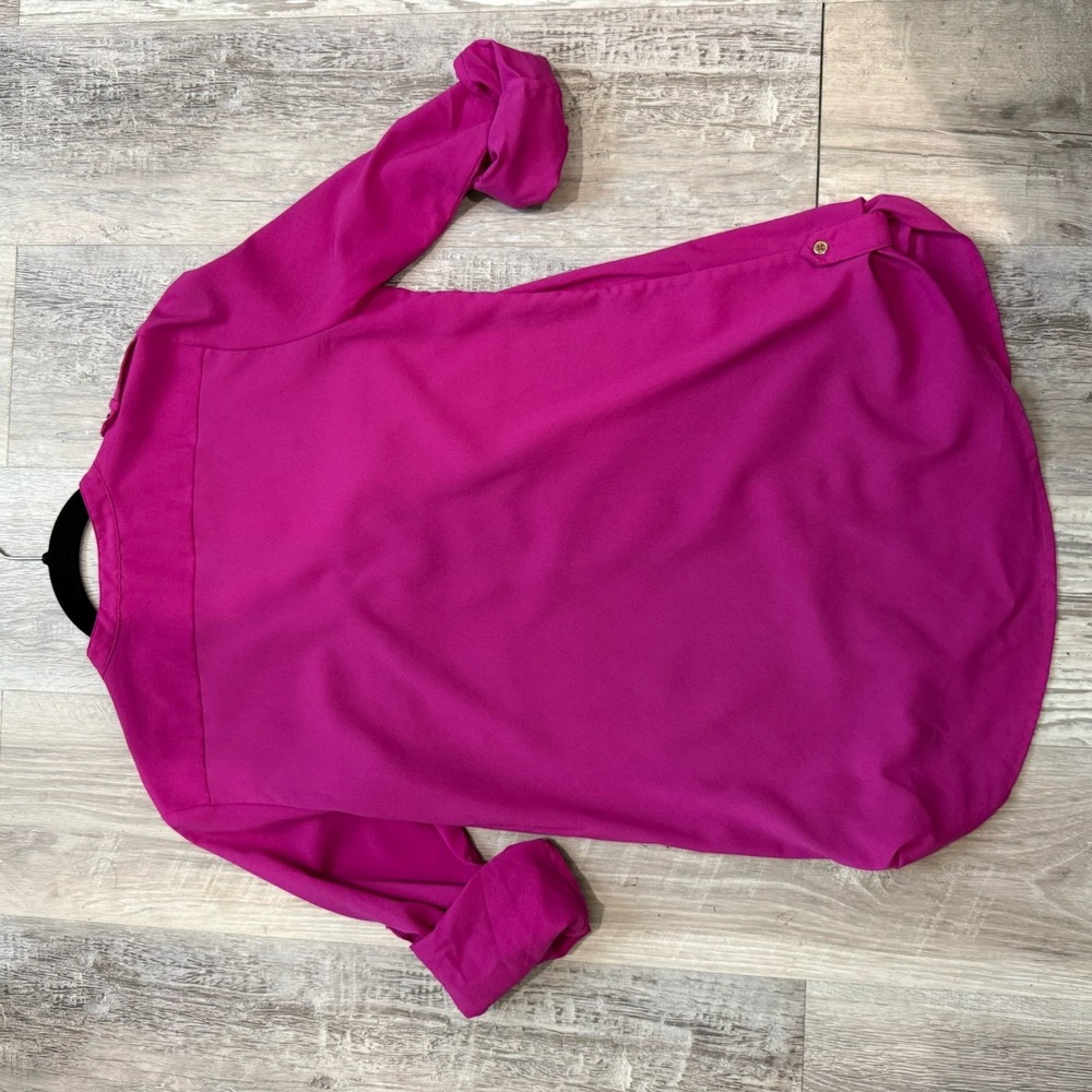 Calvin Klein Blouse Top Womens XS Fuchsia/Hot Pink Zipper-Pocket Roll Tab Sleeve - Picture 2 of 5